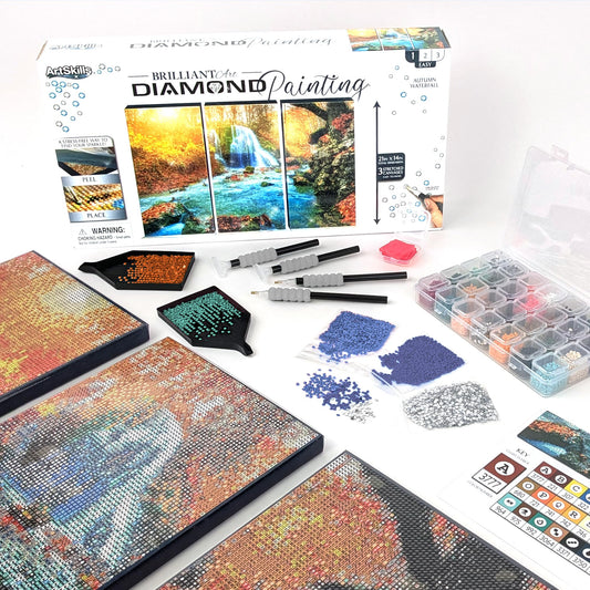 ArtSkills Diamond Painting Kit, Diamond Art on Framed Canvas with Gem Storage Case and Accessory Kit, Waterfall, 3 Stretched Canvas Panels, 14” x 7” Each