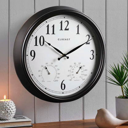 CLXEAST Outdoor Clocks for Patio Large Waterproof with Thermometer,18 inch Outdoor Wall Clock with Temperature and Humidity Combo,Weatherproof,Oil Rubbed Bronze,Spring Garden Decor