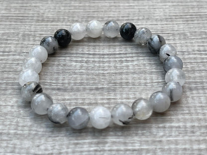 GAF TREASURES Black Rutilated Quartz Crystal Bead Bracelet 8mm, Genuine Black Rutilated Quartz Stretch Gemstone Bracelet, Healing Crystal Bracelet, Gift for Men & Women (1)