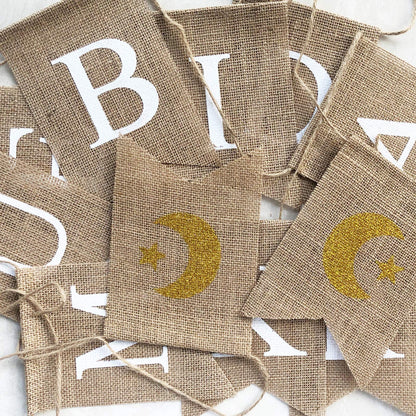 Uniwish Eid Mubarak Banner Burlap Eid Mubarak Decorations for Home Mantel Fireplace Decor Rustic Ramadan Moon Star Hanging Bunting