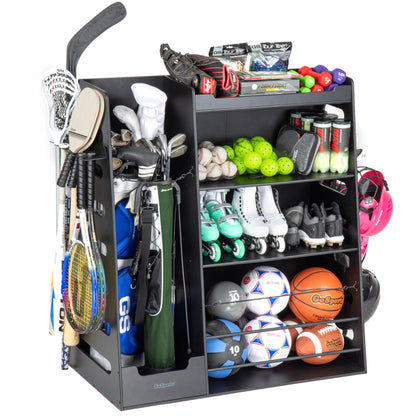 GoSports Premium Wooden Sports Equipment Organizer with Storage Hooks - Golf Bag Rack and Multi-Sport Ball Bin for Garage
