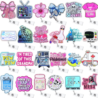 Hotlea 24 PCS Nurse Badge Reels Bulk Funny Badge Holders Retractable Clip Cute Nursing Medical Asssitants RN LPN CNA Nurses Week Gift Accessories for Work