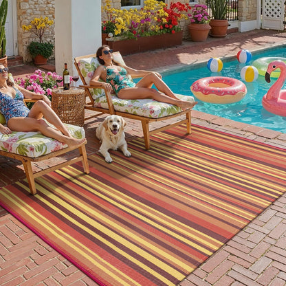 WondRg Outdoor Plastic Straw Rug Waterproof Patio 5x8 Red Orange Stripe Mat for Porch Camping RV Balcony Deck Courtyard Reversible Lightweight Durable Portable Carpet