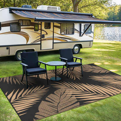 sarben Outdoor Rug 8’x10’ Waterproof for Patio Clearance, Reversible Indoor Outdoor Plastic Straw Camping Rug Carpet, RV Mat, Large Area Rug for Deck, Backyard, Balcony, Porch, Beach, Black & Brown