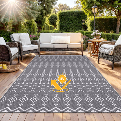StepRite 5’ x 8’ Reversible Outdoor Rug, Waterproof Plastic Straw Rug, Patio Rug, Large Modern Area Rug Carpet, Indoor Outdoor Rugs for Camping, Porch, Deck, Balcony, Backyard, RV, Picnic(Grey)