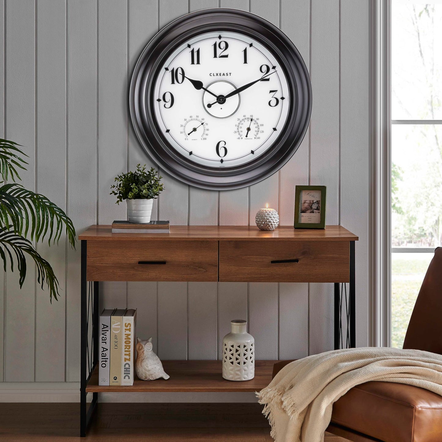 CLXEAST 24 Inch LED Self-Illuminated Outdoor Metal Clocks Waterproof, Large Lighted Outdoor Clock with Temperature and Humidity,Oil Rubbed Bronze Black,Spring Garden Decor