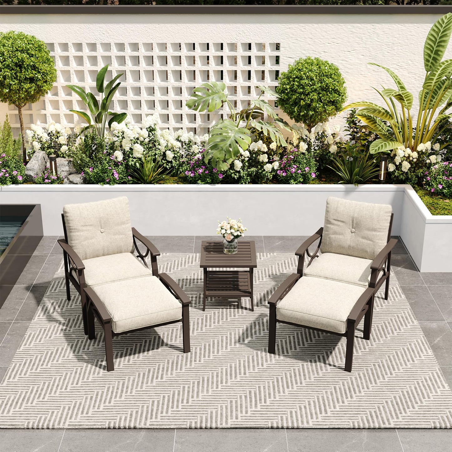 FansaFurn 5-Piece Outdoor Patio Furniture Set, Outdoor Metal Sectional Furniture with Cushions, Outdoor Conversation Seating Set with Side Table for Garden, Balcony, Deck, Backyard, Khaki