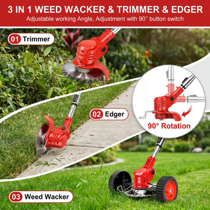 21V Cordless Weed Wacker with Wheels, 3-in-1 String Trimmer/Lawn Edger/Brush Cutter, 2x2.0Ah Battery & 3 Blades, Adjustable Height, Lightweight & Easy for Thick Weeds & Small Yards – Homeowner