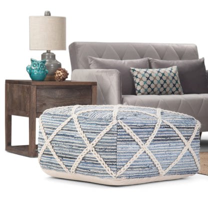 SIMPLIHOME Cowan Square Pouf - 20 inch Wide Handloom Woven Wool and Cotton Ottoman in Blue and Natural, Contemporary Footstool or Extra Seating for Living Room, Bedroom, or Kids Room, Assembled