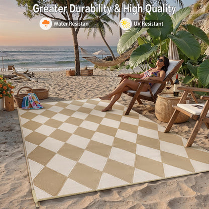 WondRg Outdoor Plastic Checkered Rug Waterproof Patio 9x12 Beige Brown Diamond Geometry Mat for Porch Camping RV Balcony Deck Courtyard Reversible Lightweight Durable Portable