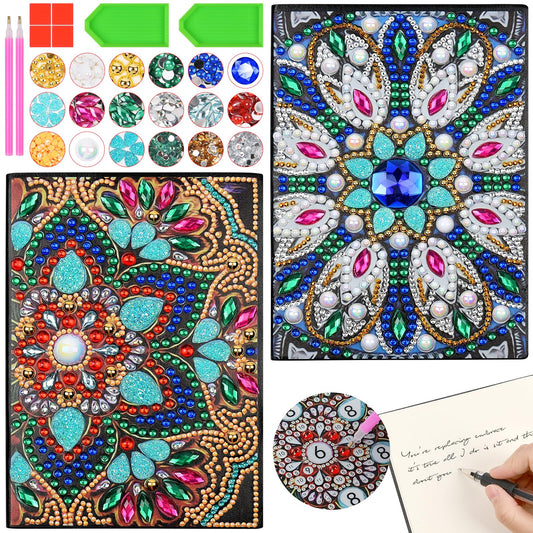 AUAUY 2Pack Boho Diamond Art Notebook, A5 Mandala Blank Notebook Craft Kits for Kids Age 6-8-9-10, Birthday Gifts for 5-12 Yrs Girls, 5D Diamond Art Painting Stationery Set Arts and Crafts