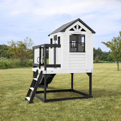 Backyard Discovery Sweetwater Heights White Elevated Cedar Wooden Kids Playhouse with Wave Slide, Play Kitchen, Step Ladder, Half Door, Wrap-Around Deck, Windows, Bell, Growth Chart for Outdoor Play