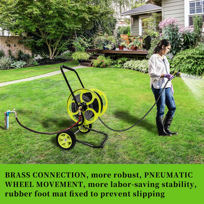 Stainless Steel Garden Hose Reel Cart - Heavy Duty, 10" Rubber Wheels, Holds 400 Feet of 5/8" Hose, For Yard/Lawn (With 5 FT Hose included)