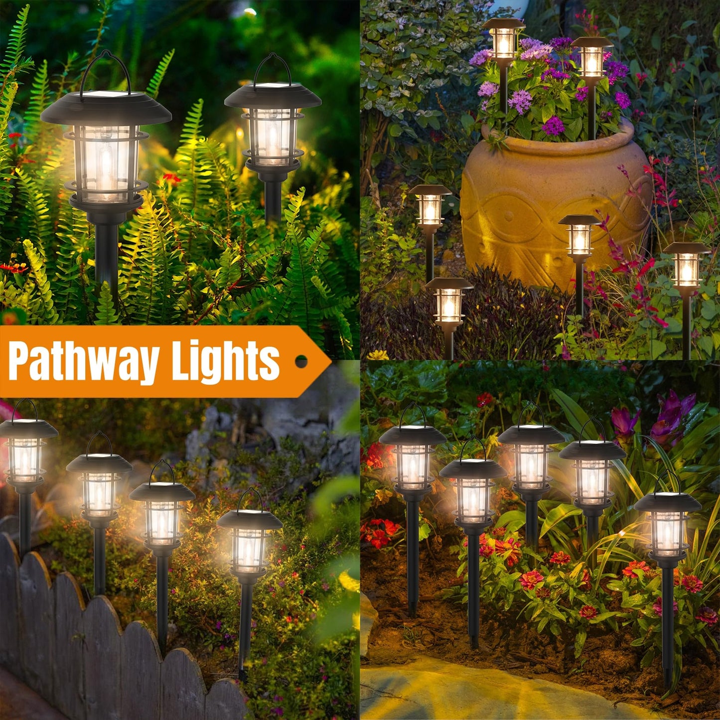 Dynaming 6 Pack Dual Use Solar Path Lights Outdoor, Hanging Lantern Solar Garden Lights with Edison Bulb, Landscape Lighting, Waterproof & Auto On/Off for Patio Pathway Walkway Driveway, Warm White