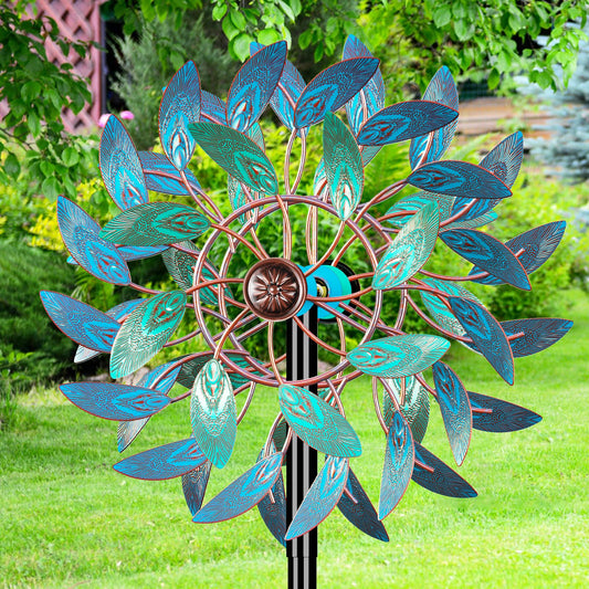 VeyFolzin.st 66 Inch Metal Outdoor Wind Spinner, 2-Way Wind Sculpture Spinner with Metal Stake, Waterproof 360 Degrees Kinetic Windmill Art Decoration for Patio Garden Lawn (A- Vintage Blue)