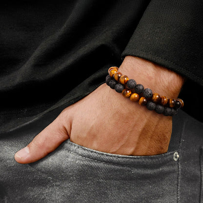 M MOOHAM Bracelets for Men - Beaded Natural Tiger Eye Bracelets for Men Black Lava Rock Stone Chakra Mens Anxiety Bracelet Adjustable Aromatherapy Oil Diffuser Jewelry Gifts