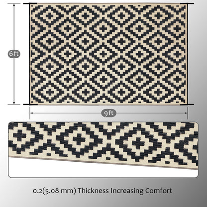 SAND MINE Reversible Mats, Plastic Straw Rug, Modern Area Rug, Large Floor Mat and Rug for Outdoors, RV, Patio, Backyard, Deck, Picnic, Beach, Trailer, Camping, Black & Beige, 6' x 9'