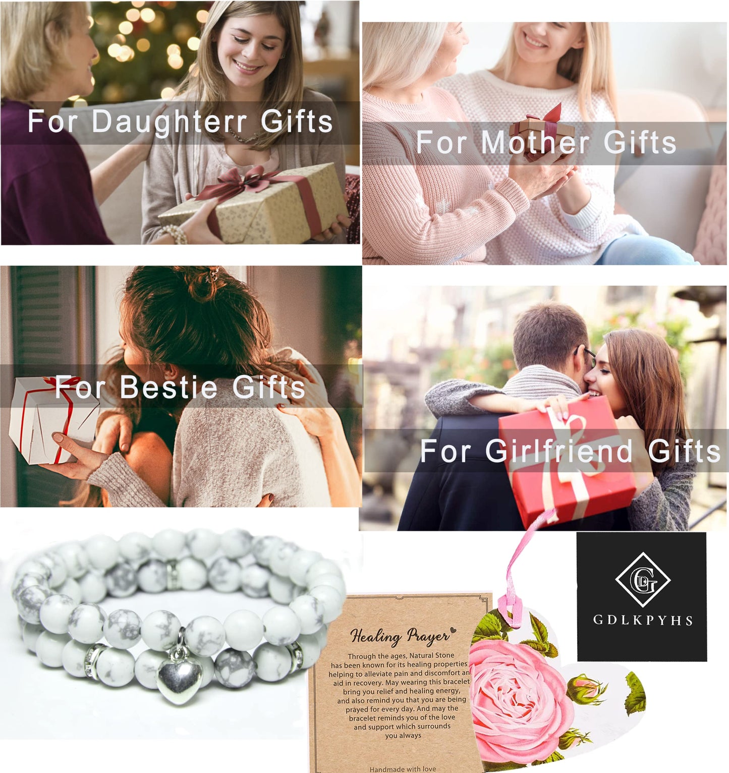 GDLKPYHS Healing Bracelets for Women - White Turquoise Bracelet - Healing Prayers Crystal Bracelet, 8mm Natural Stone Stress Relief Yoga Beads Get Well Soon Gifts