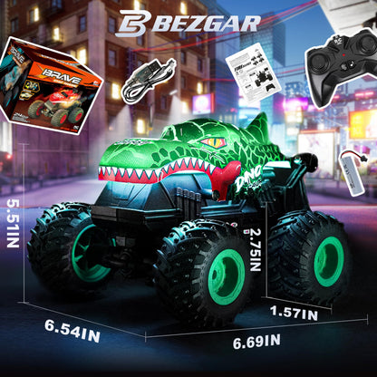BEZGAR Monster Truck Toys - Remote Control Monster Truck with Light & Music, Dinosaur Toys for Kids, 1:20 Scale RC Truck with 360° Spins and Drifting, Remote Control Car for Boys 4-7