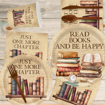 168pcs Vintage Book Party Plates Napkins Party Book Club Theme Birthday Supplies Library Reading Tableware Set Paper Cups Disposable Forks for Birthday Party Supplies Serve 24