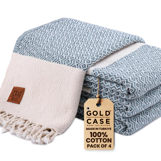Gold CASE Turkish Beach Towel Set of 4 – 100% Cotton Large Turkish Bath Towels 67 x 38'' – Zeus Extra Large, Quick Dry & Sand Free Towels – Peshtemal for Pool – Aqua