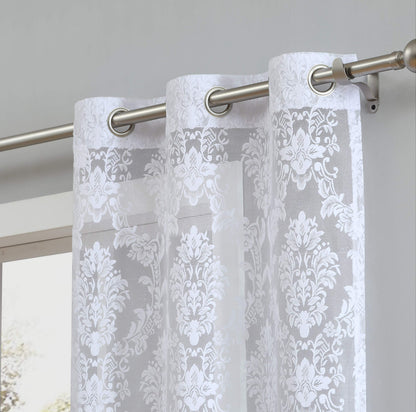 LinenZone Luxury White Knitted Lace Curtain Panels Pair of 2 with Beautiful Scalloped Bottom. Premium Farmhouse Curtains for Living Room, Bedroom and Dining Room Décor. (Lisa 38 x 63, White)