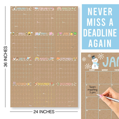 Hadley Designs Yearly Wall Calendar 2026 Large - 12 Month Dry Erase Calendar for Wall, Double-Sided, Reversible, Erasable, Reusable, Full Year Long Annual Planner - Kraft Pastel