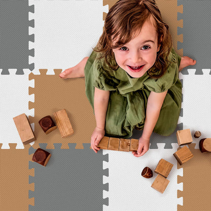 36Pcs Baby Play Mat for Floor, Foam Floor Tiles for Kids with Interlocking, Squares Foam Puzzle Carpet for Playroom,Crawling Rug for Babies 6-12 Months,Toddlers,11.8*11.8*0.6In Each,Grey White Brown