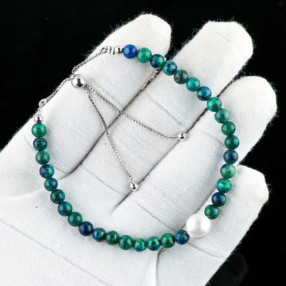 CRYSTALIS Natural Malachite Azurite Beads Slider Bracelet with Elegant Pearl, High Grade Beaded Crystals, Chakra Healing Gemstone, Gift Giving Women Jewelry, 925 Sterling Silver Slider 10 inch