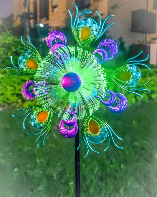 Solar Peacock Wind Spinners for Yard & Garden - 40 Inch Metal Wind Sculpture, Kinetic Windmill with Multi Color LED Lights, Lawn & Patio Art Decor