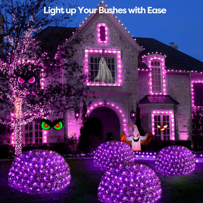 WBao Halloween Lights Outdoor 200LED F8 Big Bulbs, 8.4ft x 5.2ft Halloween Net Lights with 8 Modes, Timer, Connectable, Waterproof & Dark Green Wire for Lawn, Bushes, Trees Outdoor Decorations, Purple