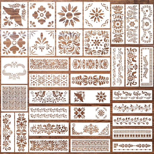 Marspark 35 Piece Talavera Stencil Floral Folk Reusable Mexican Talavera Stencil Floral Border Corner Drawing Tool for Furniture, Home Decor, Flooring, Gifts for Crafters