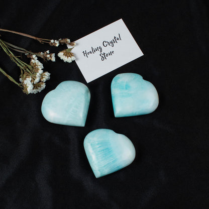 Crocon 50mm Blue Aragonite Heart Stone Big Heart Shape Puff Stones Set 450+ Carats Pocket Crystal Healing Tumble Collection Palm Worry Stone Good Luck Charm Meditation Gift Craft Home Decor