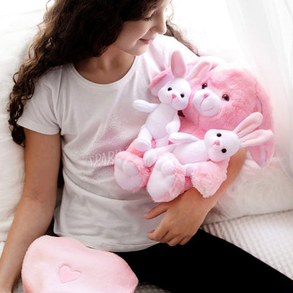 Perfectto Design Easter Gifts for Kids, Stuffed Bunny Toy 5 Pcs - Mommy Stuffed Rabbit, 2 Baby Bunnies and Furry Bag. Soft Easter Bunny Plush Gift for Kids 3-5