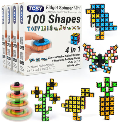 TOSY Magnet Fidget Spinner Mini - 8 Blocks, 3in1 Toy: Transformable Fidget Spinner, Infinity Cube, 2x2 Puzzle Cube, Easter Basket Stuffers Gift for Kids/Adult, STEM Sensory Stress Relief Toy, 4-Pack