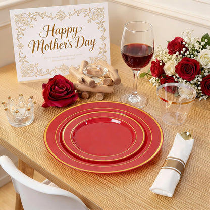WDF Partyware 350Pieces Red Plastic Plates with Gold Rim Include 50Dinner Plate 10inch 50Dessert Plate 7inch 50 gold Cups 9 OZ, 50 Pre Rolled Napkins for Party/Baby Shower/Wedding/Spring/Mother's Day