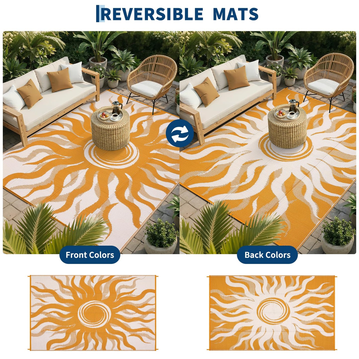 Garvee Outdoor Rug 8x10 Waterproof Patio Rugs with Boho Sun Pattern, Reversible Plastic Straw Camping Rugs Outdoor Indoor RV Mat Carpet for Deck, Backyard, Picnic, Porch, Balcony, Beach, Orange