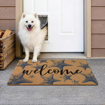 GUULIJEEMIY Coastal Starfish Door Mat, Nautical Blue Starfish Welcome Front Door Mat Rug Outdoor Indoor Entrance, Beachy Ocean Artificial Coir Doormat for Beach House Porch Patio Entry, 30x17 Inch
