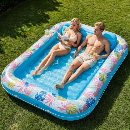 Tanning Pool Lounger Float, OKSUWATER 87" x 63" Pool Floats Adult with Headrest & Drink Holder, Blow-Up Bed Sun Tan Tub for Sunbathing, Beach, Backyard, Outdoor, Summer Water Party (Blue-XL)