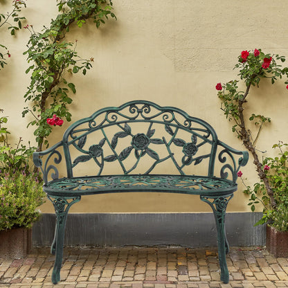 Outvita Outdoor Bench, 38"" Cast Aluminum Garden Bench Anti-Rust Weather Resistant Patio Bench Rose Pattern Bench for Front Porch, Backyard, Lawn, 1, Green