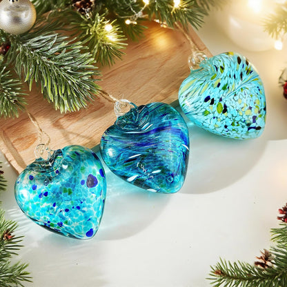 Set of 3 Handmade Glass Heart Ornaments 3.5 Inch Hanging Decoration for Home Garden Wedding Party Decor