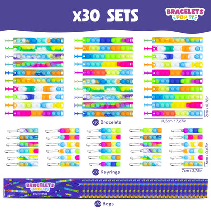 BONNYCO Pop It Bracelets and Keychains Pack 30 Kids Party Favors. Goodie Bags Stuffers for Kids, Fidget Toys Pop Its Bulk. Return Gifts for Birthday Party, Goody Bag Stuffers, Pinata, Classroom Prizes