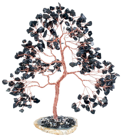 Crocon® Black Tourmaline Gemstone Tree Geode Agate Slice Base, Handmade Crystal Tree for Positive Energy, Attract Good Luck, Chakra Tree of Life, Black Healing Stone for Root Chakra, Meditation Gift