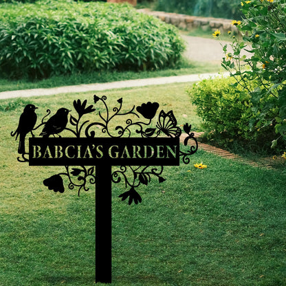 Custom Metal Garden Sign with Flowers, Personalized Garden Metal Stake with Birds, Flower Garden Name Decor, Custom sign for Outside, Customized Gardening Decoration, Yard Art, Gift for Mom, Grandmom