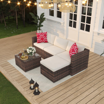 5 Piece Outdoor Patio Furniture Set, Rattan Deck Conversation Sofa Set with Non-Slip Cushions, All-Weather Sectional Sofa with Glass Storage Table and Balcony Footstool, Poolside, Garden, Brown+White