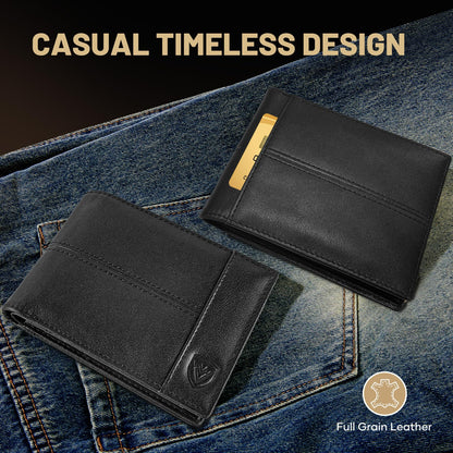 VEESKYE Full Grain Leather Wallet for Men | RFID Blocking | Extra Capacity Bifold Wallet with ID Windows | Ultra Strong Stitching | Slim Billfold with 8 Card Slots | Gift for Him Black
