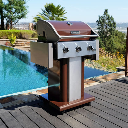 Permasteel 3-Burner Propane Gas Grill, 30,000 BTUs BBQ Grill with Cast Iron Grates, Foldable Side Tables & Tool Hooks, Outdoor Grill, Mocha