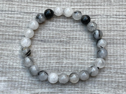 GAF TREASURES Black Rutilated Quartz Crystal Bead Bracelet 8mm, Genuine Black Rutilated Quartz Stretch Gemstone Bracelet, Healing Crystal Bracelet, Gift for Men & Women (1)