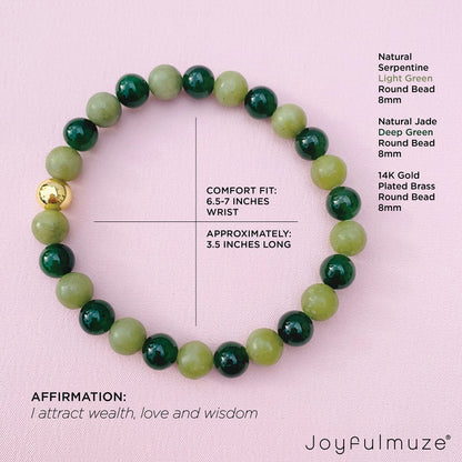 Joyfulmuze Natural Jade Serpentinite Stretch Bracelets, Premium Handmade Crystal Healing, Gemstone Beaded Gift For Men Women, Dark and Olive Green(Jade 17cm long)
