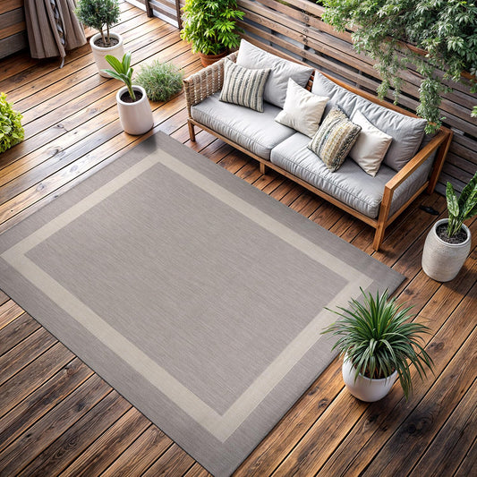 CAMILSON Outdoor Rug 6x9,Modern Outside Rugs for Patios Porches Waterproof Durable Washable Non-Shedding, Easy-to-Clean Indoor Outdoor Area Carpet (6 x 9, Bordered - Gray/White)